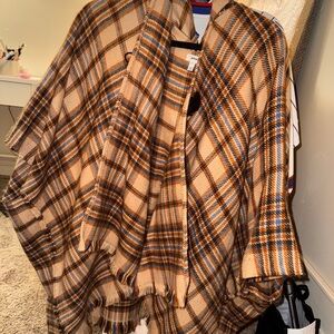 Plaid Tan and Blue Women's Sweater/Poncho